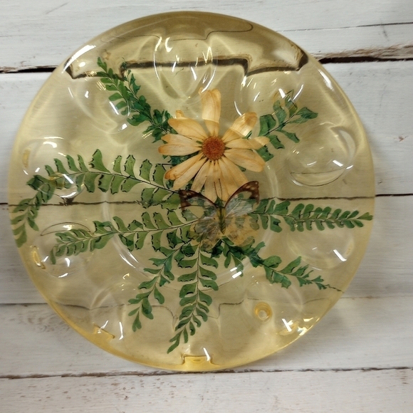 Round Acrylic Resin Egg Plate with Pressed Ferns, Daisy and Butterfly by Design - Picture 1 of 9